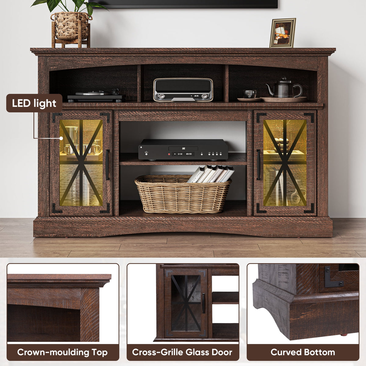 Royalcraft 55'' Farmhouse TV Stand, Retro TV Console with Glass Doors & LED Lights, Media Entertainment Center Table with Adjustable Shelves for 23'' Fireplace, Suitable for Living Room, Brown