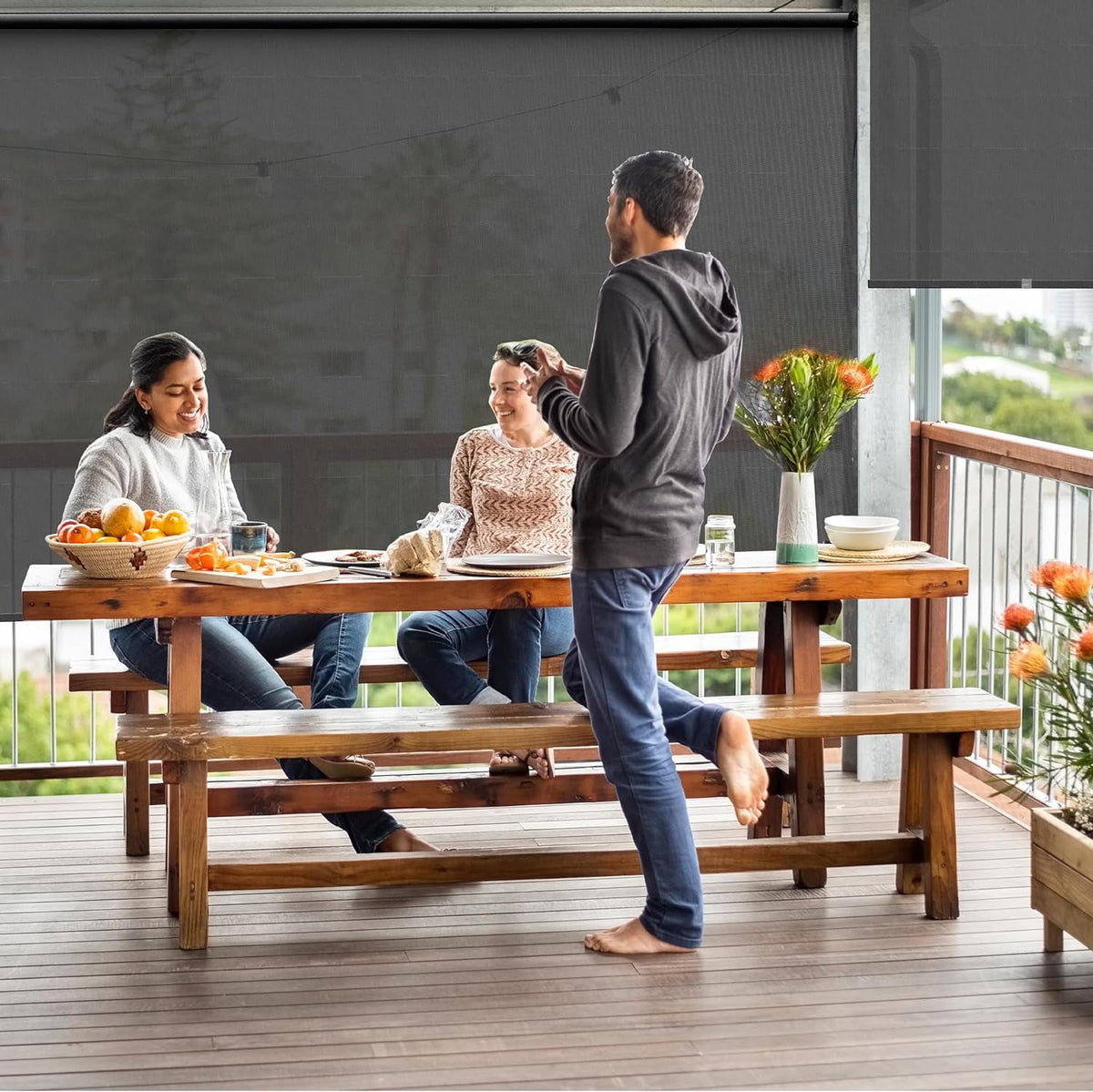 Royalcraft Cordless Outdoor Roller Sun Shade with Pole，8'Wx8'H 420GSM 95% Blockout Waterproof Outdoor Blinds Roll Up for Gazebo Porch, Deck, Pergola,Black