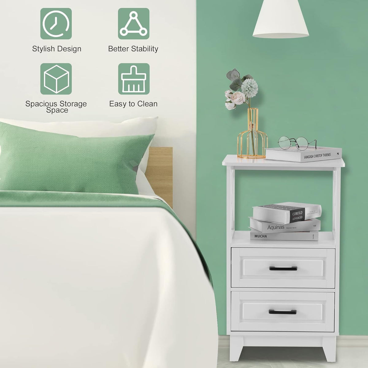 RoyalCraft Nightstand with 2 Storage Drawers, Tall End Table with Wooden x-Design for Bedroom ,  White