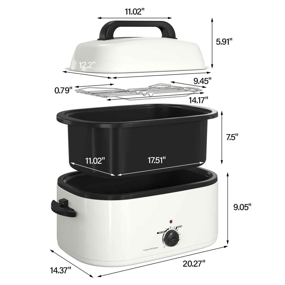 RoyalCraft 26 Quart Electric Turkey Roaster Oven with Visible Glass Lid, with Removable Pan & Rack, Stainless Steel, Silver