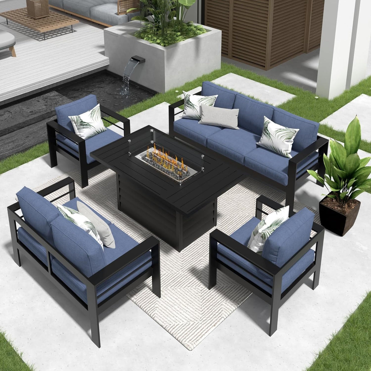 RoyalCarft Aluminum Patio Furniture Set with Fire Pit Table, 5 Piece Metal Outdoor Furniture with Water-Resistant Cushions, Modern Patio Conversation Set for Balcony, Front Porch, and Backyard, Blue