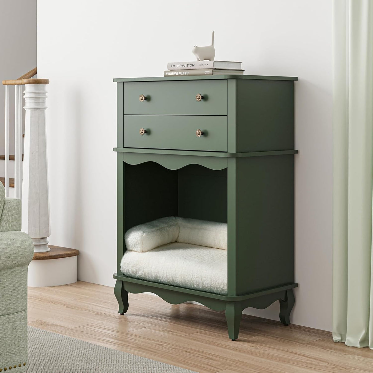 Royalcraft Vintage Small Storage Cabinet with Pet House, 2 Drawers and Semi-open Space, Hidden Cat Litter Box, Multi-Functional End Table for Living Room, Entrance, Green