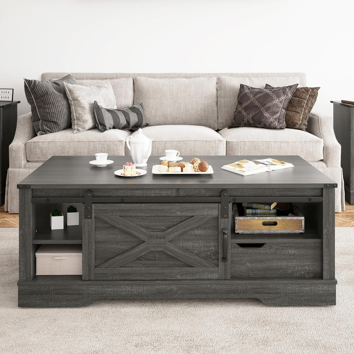 Farmhouse Coffee Table with Storage and Sliding Barn Door, 48'' Rustic Living Room Table , Rectangular Center Table , Rustic Dark Grey