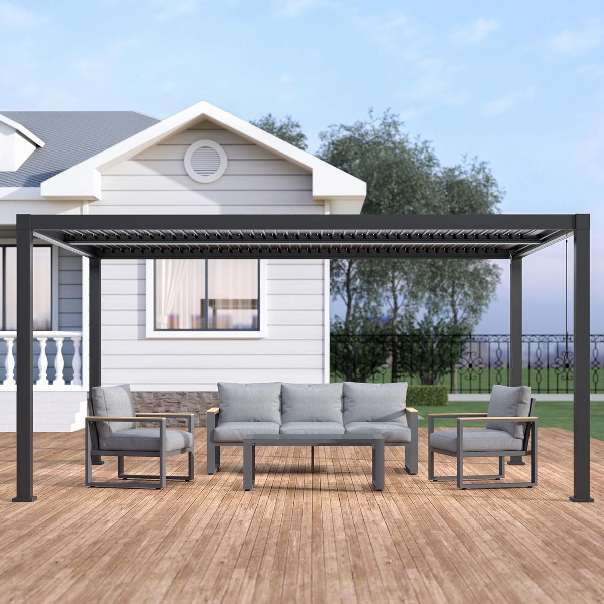 12'x16' Adjustable Louvered Pergola, Heavy-Duty Aluminum Outdoor Pergola, Metal Hardtop Pergola with Adjustable Roof for Patio, Deck, Garden, Yard, Black