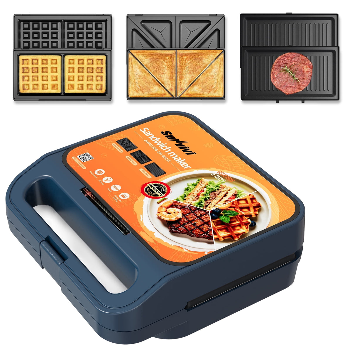 Royalcraft 3-in-1 Electric Sandwich Maker Waffle Grill Panini Press 1000W Non-Stick Removable Plates Blue