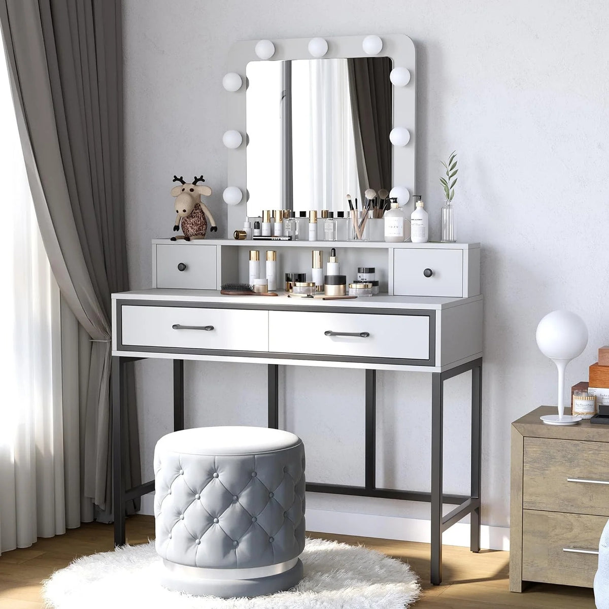 RoyalCraft Makeup Vanity Table with 3 Color Dimmable Lighted Hollywood Mirror, Vanity Desk with 4 Drawers, Dressing Table for Women Girls