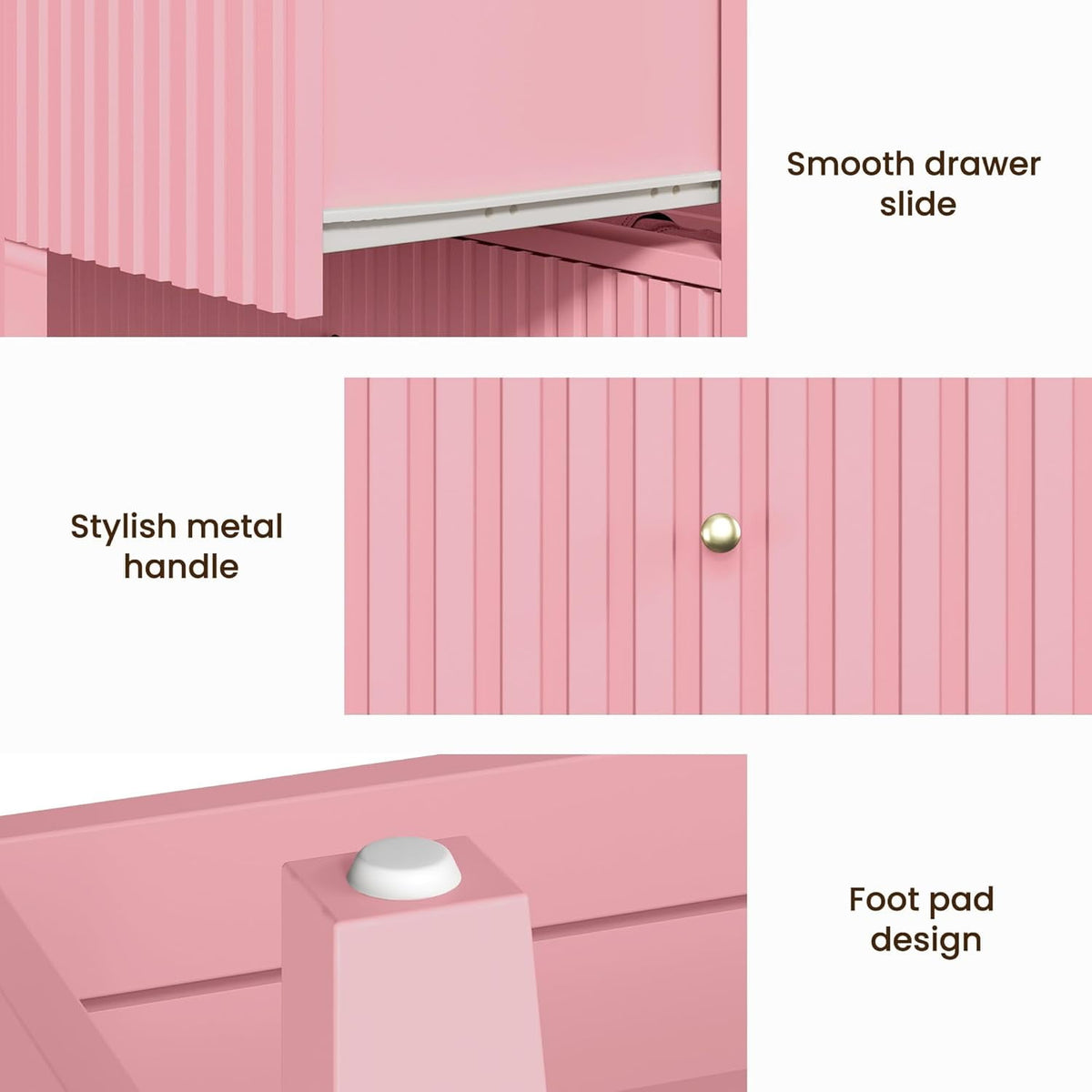 Mayincolor Fluted 32ch Wide Nightstand for Bedroom, Large Pink Nightstand with 3 Drawer, Modern End Table, Wood Beside Table for Home and Office