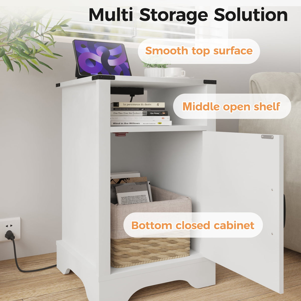Superjoe 2Pcs Farmhouse Nightstand w/Charging Station, Wooden Rustic Tall Bedside Table, End Table w/Storage Shelf & Shelf for Bedroom, Living Room, White