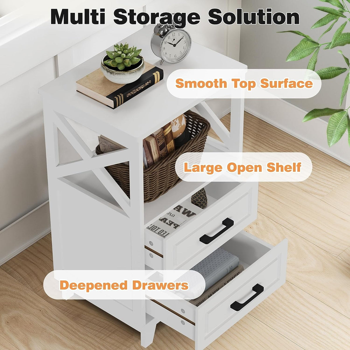 RoyalCraft White Nightstand, Farmhouse Side Table with Storage Drawers and Open Shelf, Wooden Rustic End Table Cabinet for Bedroom, Living Room nightstand