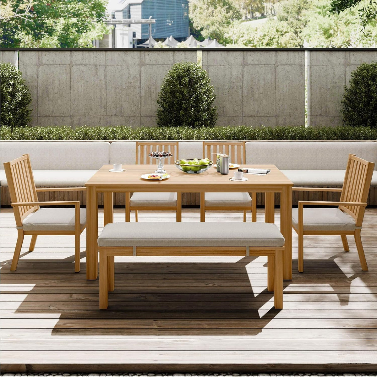 RoyalCraft 6 Pieces Patio Dining Sets, Aluminum Outdoor Dining Table with 4 Chairs and Bench, Outdoor Patio Dining Furniture Set with Removable Cushion for Lawn, Garden, Backyard, Brown