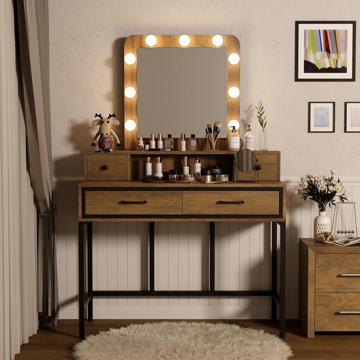 Superjoe Makeup Vanity with 3 Color Dimmable Lighted Hollywood Mirror, Vanity Table with 4 Drawers for Women Girls, Dressing Desk for Bedroom, Beauty Room, Brown