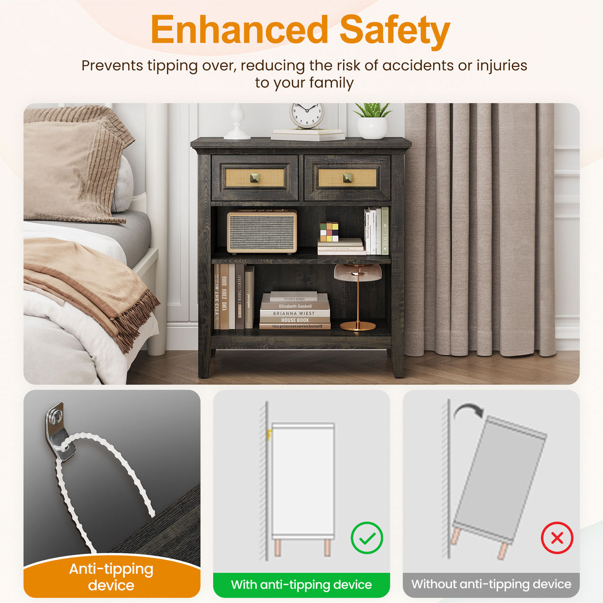 RoyalCraft Rattan Storage Cabinets, Accent Boho Storage Cabinet with 2 Drawers and 2 Shelves, Multipurpose Modern Storage Cabinet for Living Room, Entryway, Front Hall, Hallway