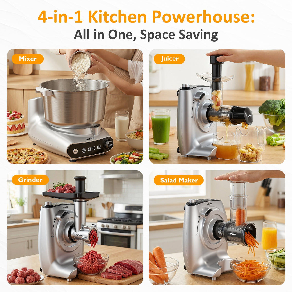 Royalcraft 4-in-1 Stand Mixer 5.3QT with Fermentation, Electric Dough Mixer with Juicer, Meat Grinder & Salad Maker