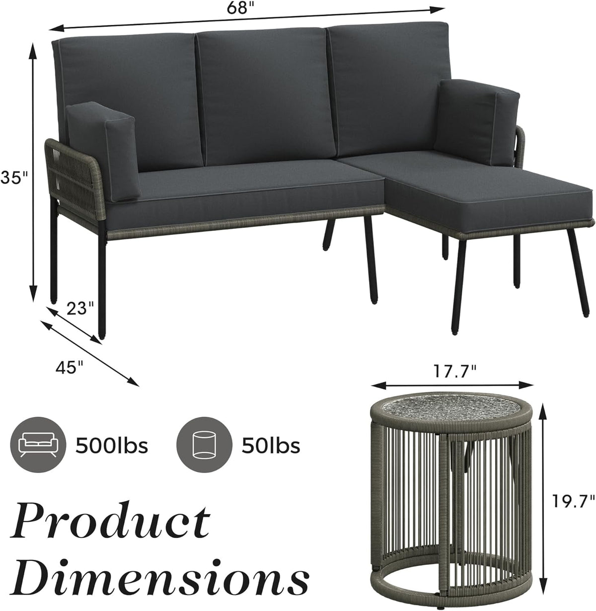 Royalcraft Patio Furniture Set, Outdoor Sectional Furniture Sets with Woven Rope Accents and 4-inch Cushions, L-Shaped Patio Conversation Sets with Detachable Lounger and Side Table