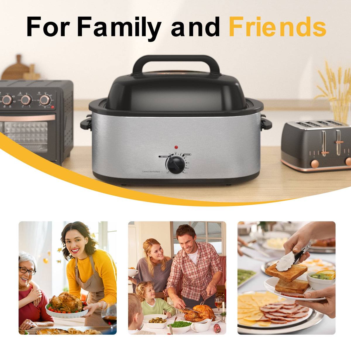 RoyalCraft 26 Quart Electric Turkey Roaster Oven with Visible Glass Lid, with Removable Pan & Rack, Stainless Steel, Silver