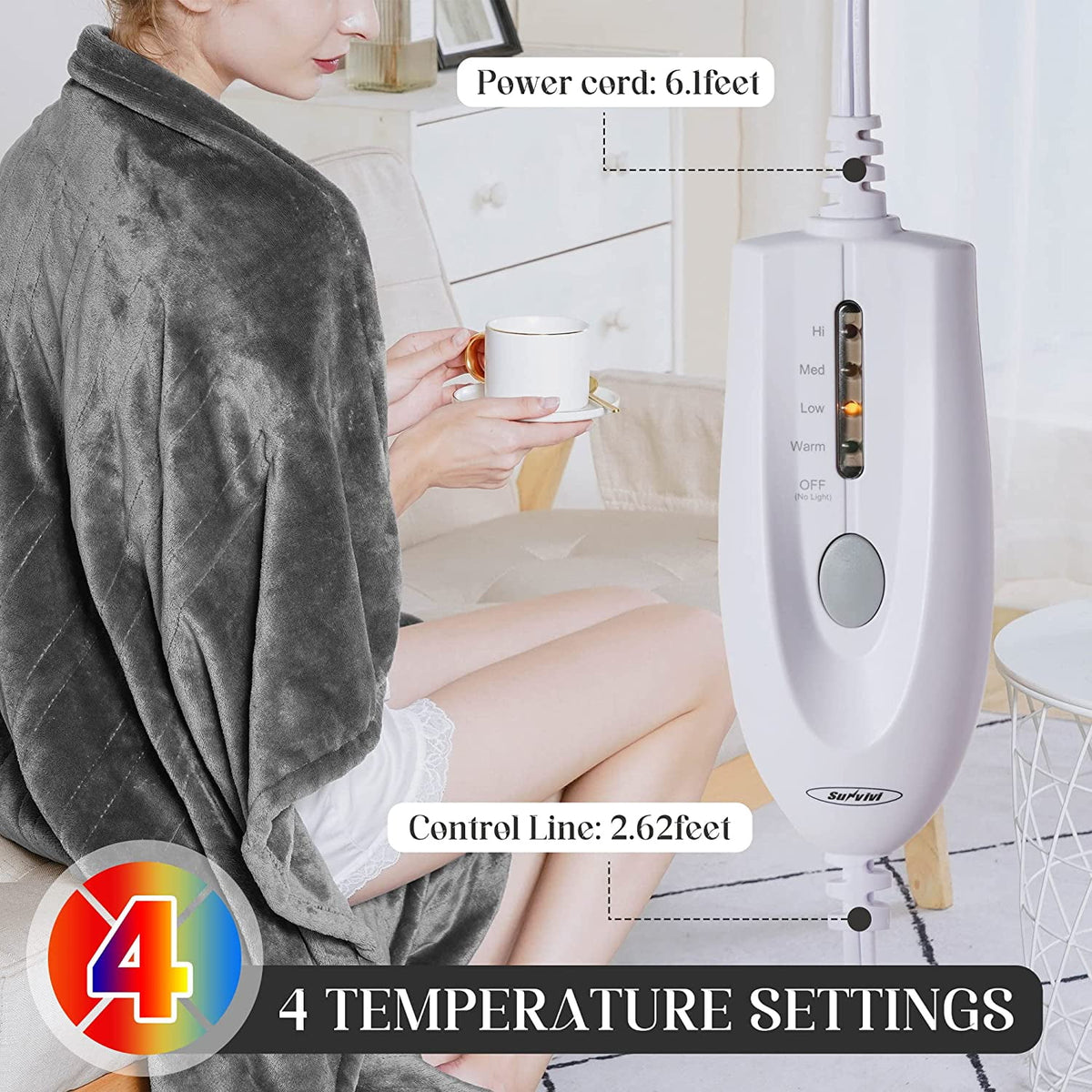 Royalcraft Heated Blanket Throw, Electric Blanket Throw 50" x 60", Double-Layer Flannel with 4 Heating Settings, 4 Hours Auto Off, Machine Washable, Grey
