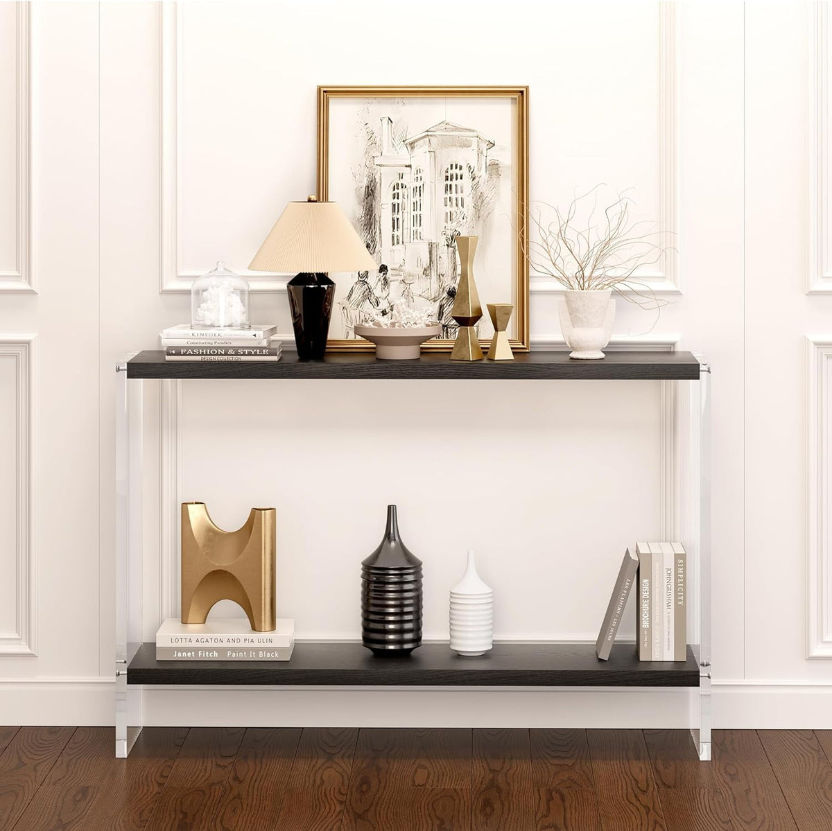 Acrylic Console Table, 47.24" Modern Entryway Table with Storage Shelf, Clear Acrylic Doorway Table, 2-Tier Sofa Table for Living Room, Bedroom, Hallway, and Dining Room (Natural Oak)