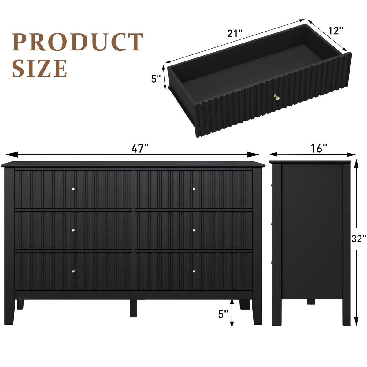 RoyalCraft Black 6 Drawer Dresser, Fluted Modern Wood Dresser, Double Chest of Drawers with Ball Bearing Slide, Long Dresser for Bedroom TV Stand Storage Cabinet for Living Room