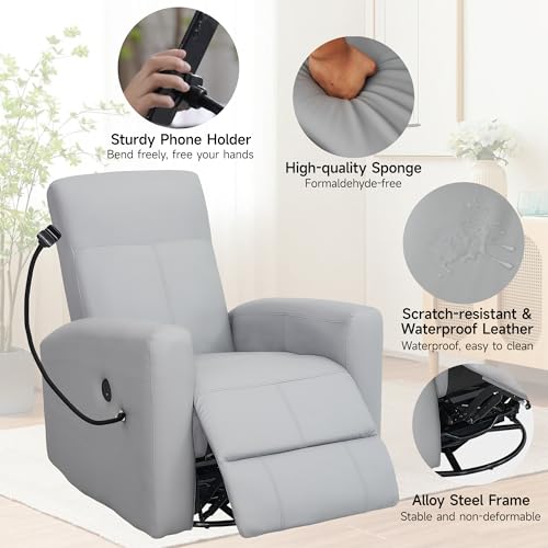 Power Swivel Glider Chair Nursery, Swivel Rocker Recliner with USB Ports, Rocking Chair with Microfiber Leather, Waterproof, Living Room, Nursery