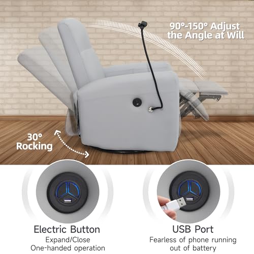 Power Swivel Glider Chair Nursery, Swivel Rocker Recliner with USB Ports, Rocking Chair with Microfiber Leather, Waterproof, Living Room, Nursery