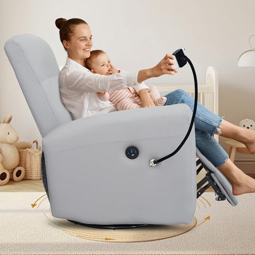Power Swivel Glider Chair Nursery, Swivel Rocker Recliner with USB Ports, Rocking Chair with Microfiber Leather, Waterproof, Living Room, Nursery