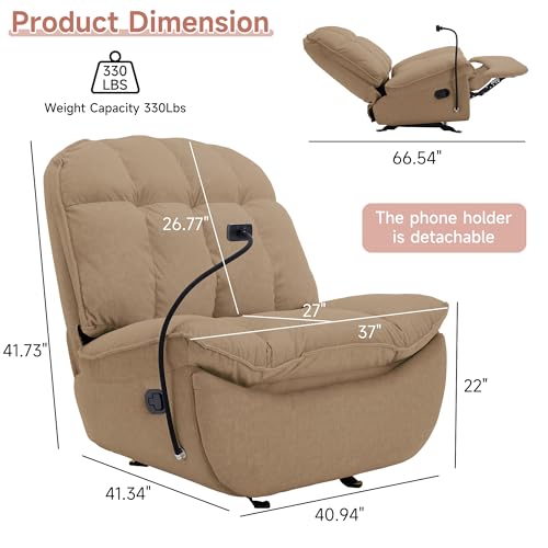 Oversized Rocker Recliner Chairs for Adults 400lbs, Rocking Recliner with Cell Phone Holder, Glider Rocker, Wide Large Single Recliner Sofa for Living Room Theater Seating