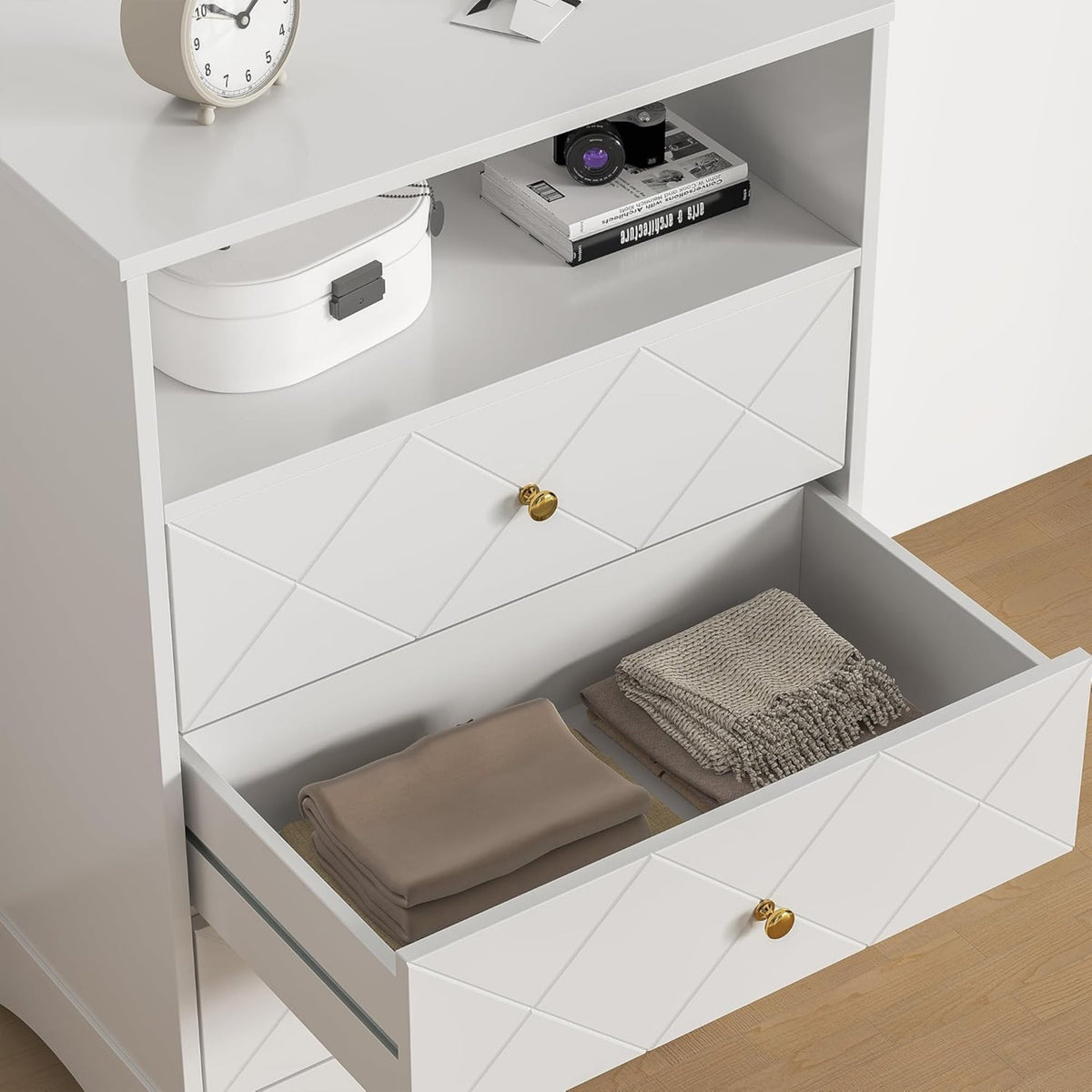 CozyHome Dresser with Drawers & Floating Shelves, 3 Drawer Dresser with Open Storage & Painted Finish, Modern Storage Dresser for Toddler Room, Bedroom, Closet, Hallway, White