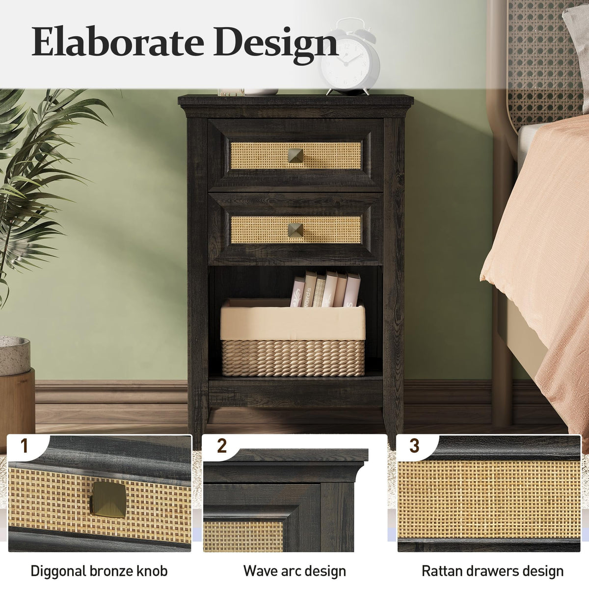 RoyalCraft Nightstand with 2 Drawers, Accent Bedside Table with Rattan Decor Drawers and Large Storage Shelf, Boho Wood End Table Organizer for Bedroom, Living Room, Coffee