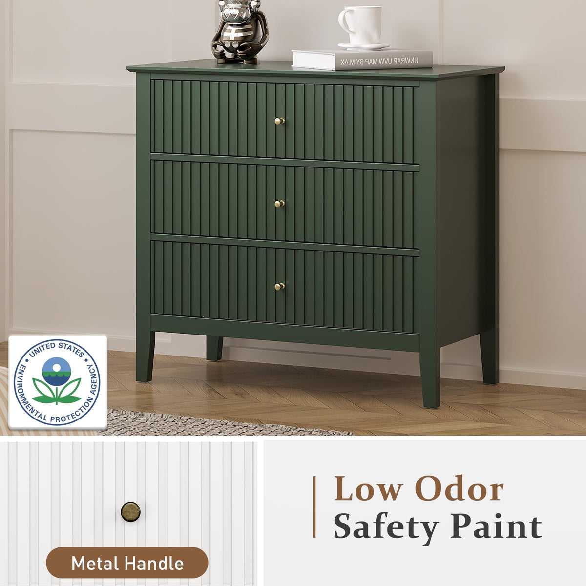 Royalcraft Fluted 3 Drawer Dresser, Wide Chest of Drawers with Ball Bearing Slide Modern Nightstand Cabinet Wood Dresser with Spacious Storage for Bedroom, Hallway, Living Room, Entryway, Green
