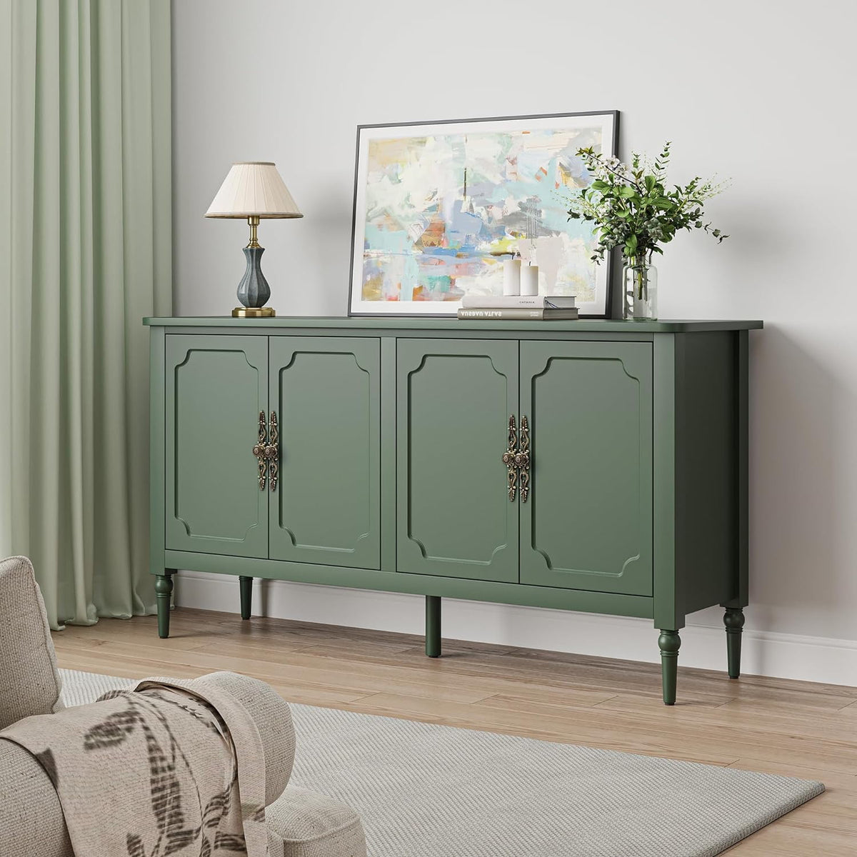 Royalcraft Sideboard Buffet Cabinet with Storage, 58'' Mid Century Modern Storage Cabinet with 4 Doors and Adjustable Shelves, Accent Cabinet for Entryway, Dining Room, Living Room, Bedroom, Green