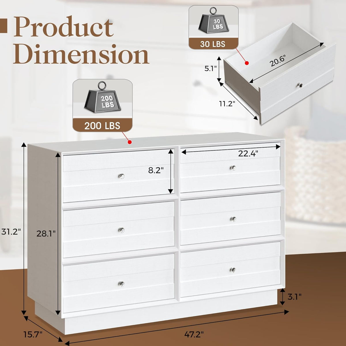 Superjoe 6 Drawer Double Dresser, Bedroom Chest of Drawers, Wood Storage Cabinet for Living Room, Entryway and Hallway, White