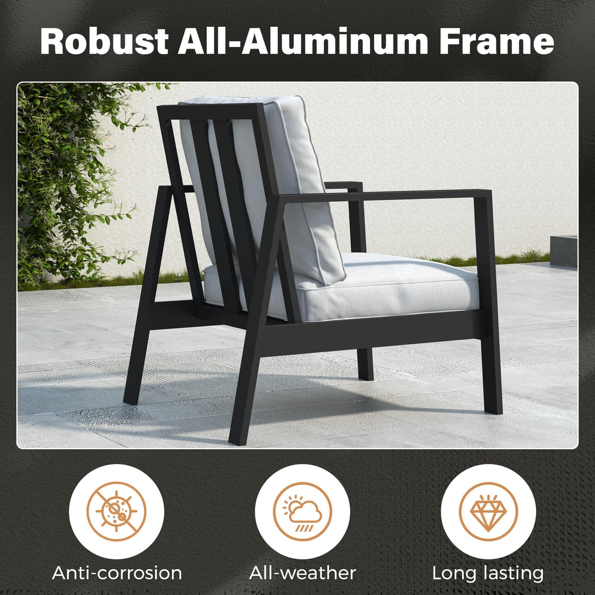 RoyalCraft Aluminum Outdoor Patio Sofa, Water-Resistant Metal 3-Seat Couch with Thick Cushions, Patio Conversation Sofa Couch for Deck Garden Poolside, Grey