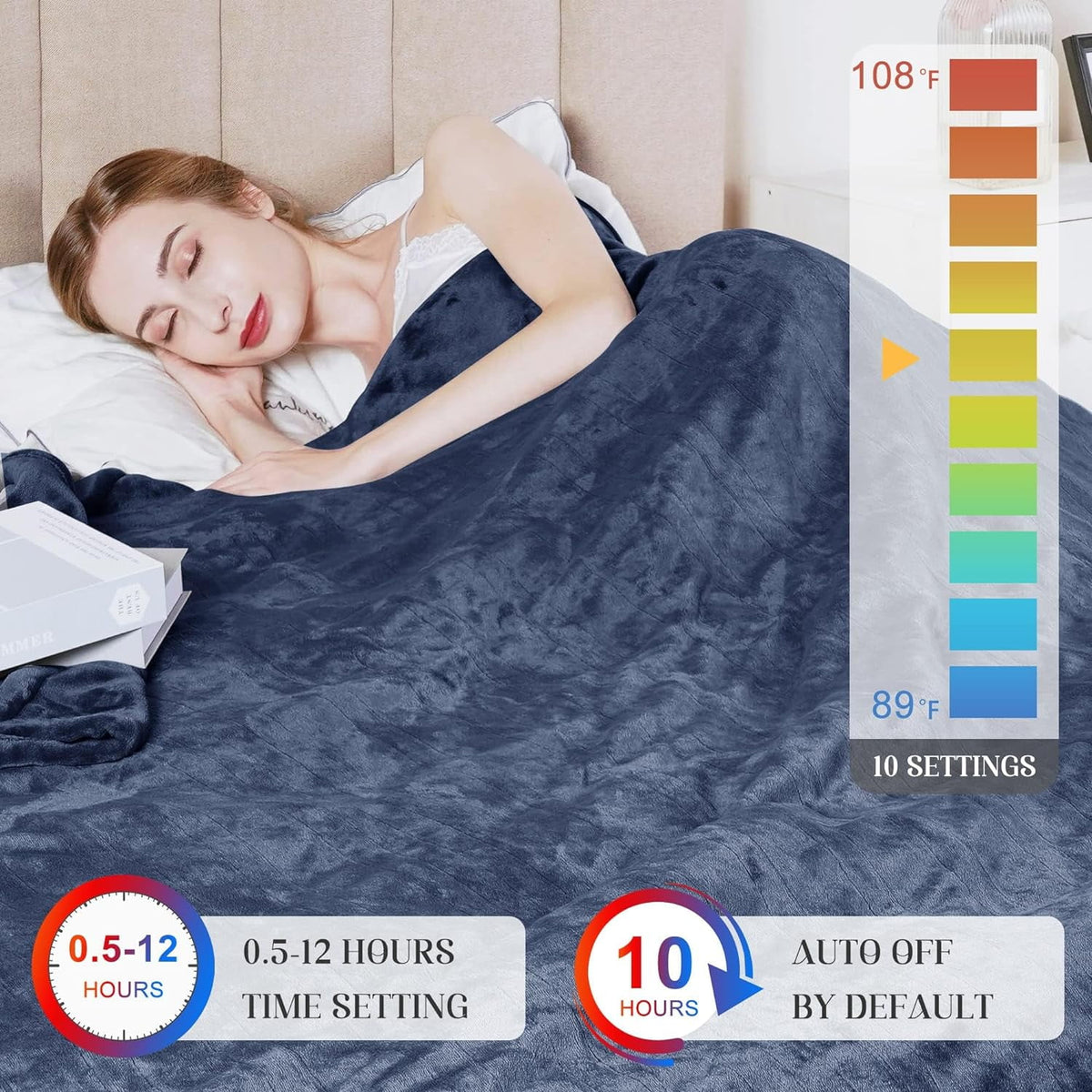 Royalcraft Electric Heated Blanket, 84" x 62" Twin Size Electric Blanket with 10 Heating Levels and 12 Hours Auto-Off, Soft Flannel Blanket with ETL Certification,Blue electric heated blanket