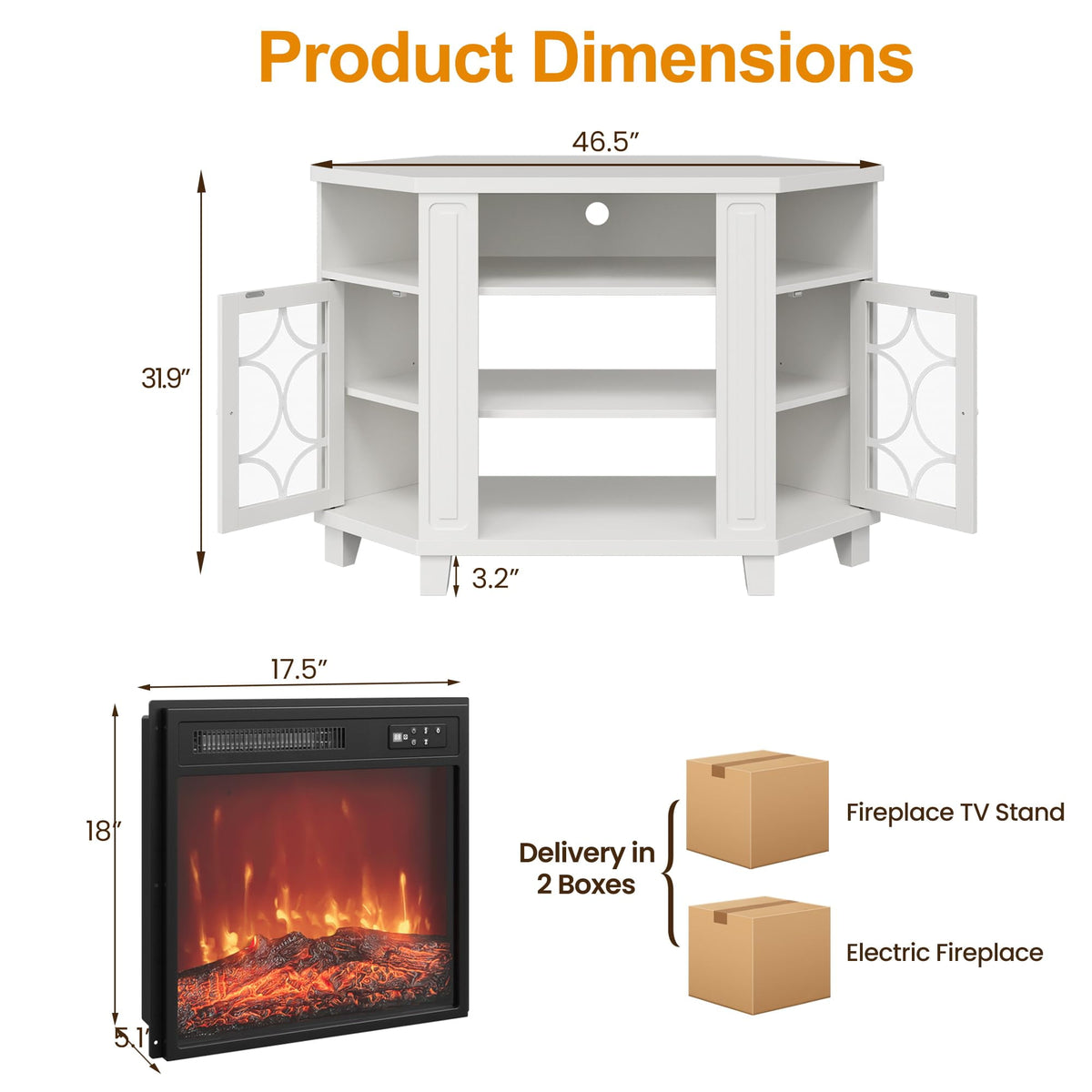 CozyHome Corner TV Stands with 18'' Fireplace, Media Console Table with Adjustable Shelves & Acrylic Doors, Entertainment Center for TVs up to 55'', Corner Cabinet for Living Room, Bedroom, White