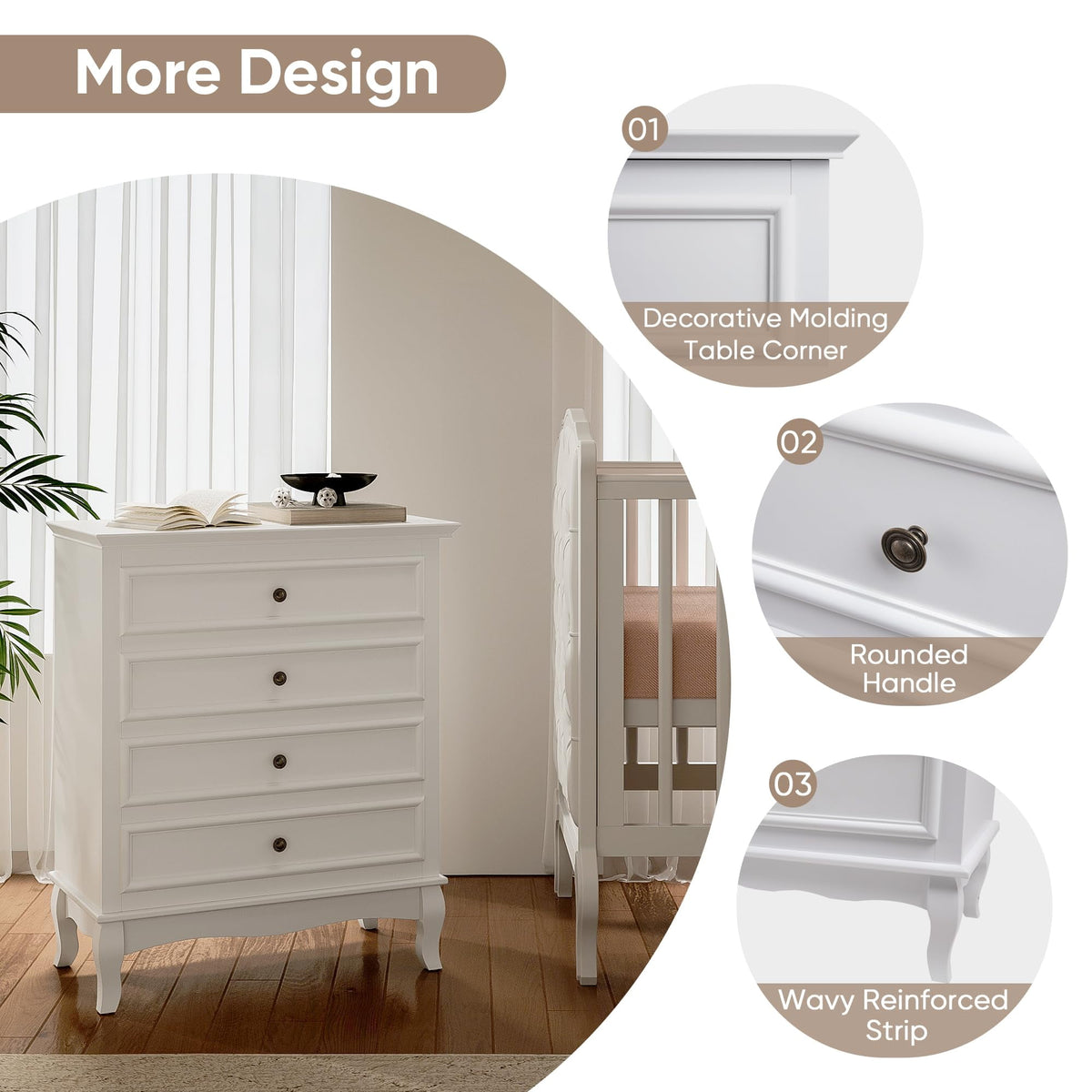 Superjoe White 4 Drawer Dresser, Large Storage Chest with Ball Bearing Slide, Wide Chest of Drawers, Modern Wood Dresser for Bedroom, Living Room, Hallway, Entryway, White