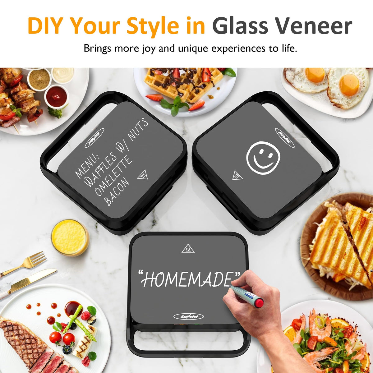 Royalcraft 3 in 1 Sandwich Maker, Electric Waffle Maker with Removable Non-stick Plates, 850W Panini Press Grill with Glass Top, Cool Touch Handle & Easy to Clean, Black