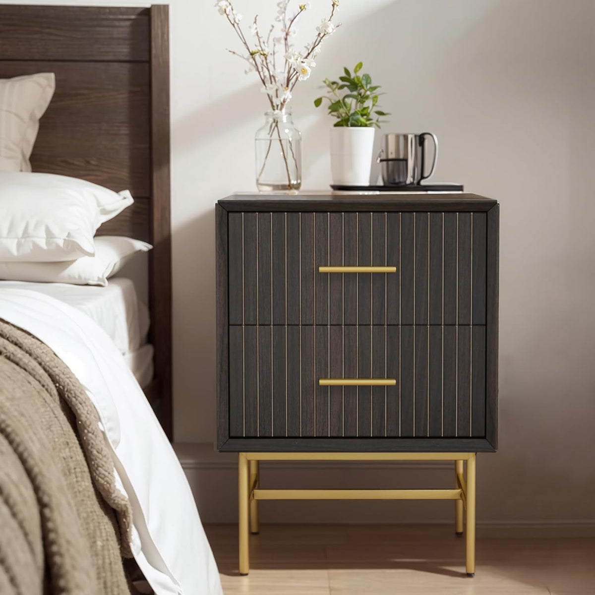 RoyalCraft Nightstand with Drawers, 2-Tier Side Table, Wood End Table with Adjustable Feet and Stable Metal Leg, Modern Night Stand Cabinet for Bedroom, Living Room, Home Office, Charcoal Walnut