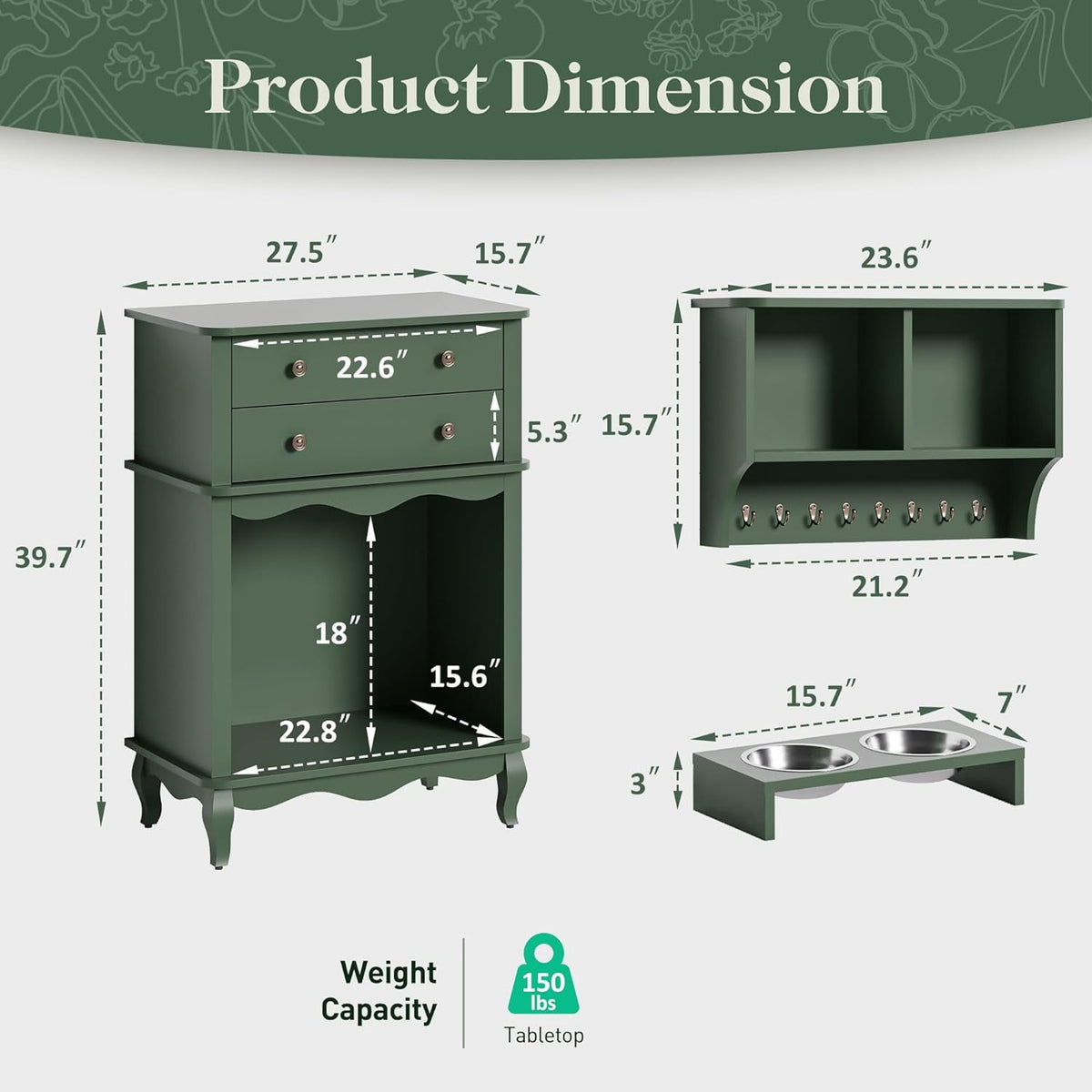 Royalcraft Vintage Storage Cabinet Set with Wall Mount and Pet Bowls Holder, End Table with 2 Drawers and Semi-open Space, Wood Pet Feeding Station for Living Room, Entrance, Green