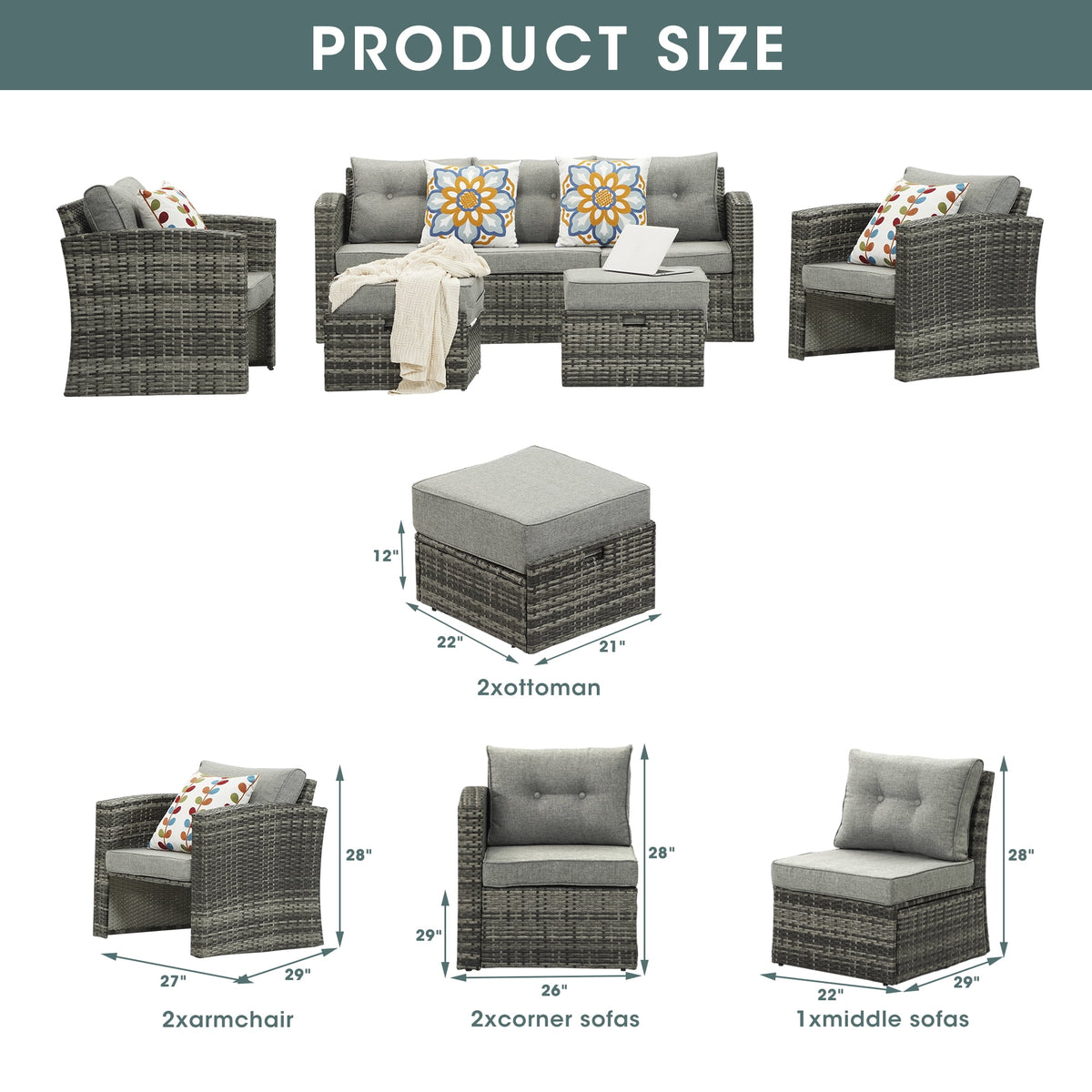 Royalcraft Outdoor Patio Furniture Set,7 Pieces Outdoor Sectional Wicker Sofa PE Rattan Conversation Sets with Non-slip Cushions,Aluminum Frame,Grey