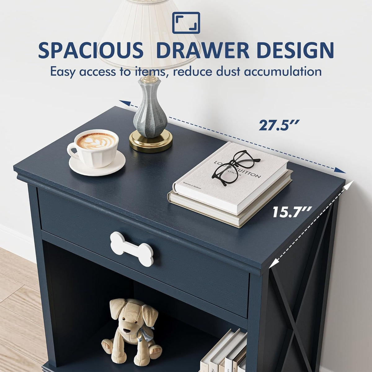 Royalcraft Vintage Small Storage Cabinet with Led Light, Hidden Cat Litter Box with Drawer and Semi-Open Space, Multi-Functional Nightstands with Pet House for Living Room, Bedroom, Blue