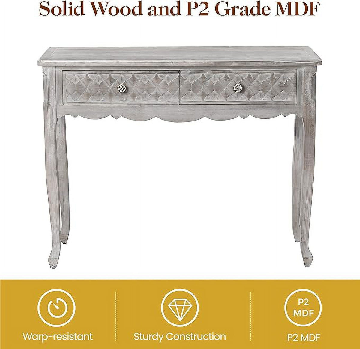 RoyalCraft 42" Console Table with Carved Drawers, Farmhouse Wood Entryway Table, Small Sofa Table for Living Room, Entryway Table with Storage, Foyer Table for Hallway, Front Door, Gray