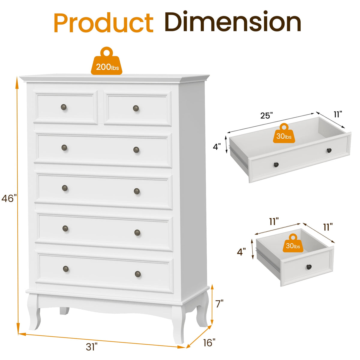 RoyalCraft White 6 Drawer Dresser, Large Storage Chest with Ball Bearing Slide, Wide Chest of Drawers, Modern Wood Dresser for Bedroom, Living Room, Hallway, Entryway, White