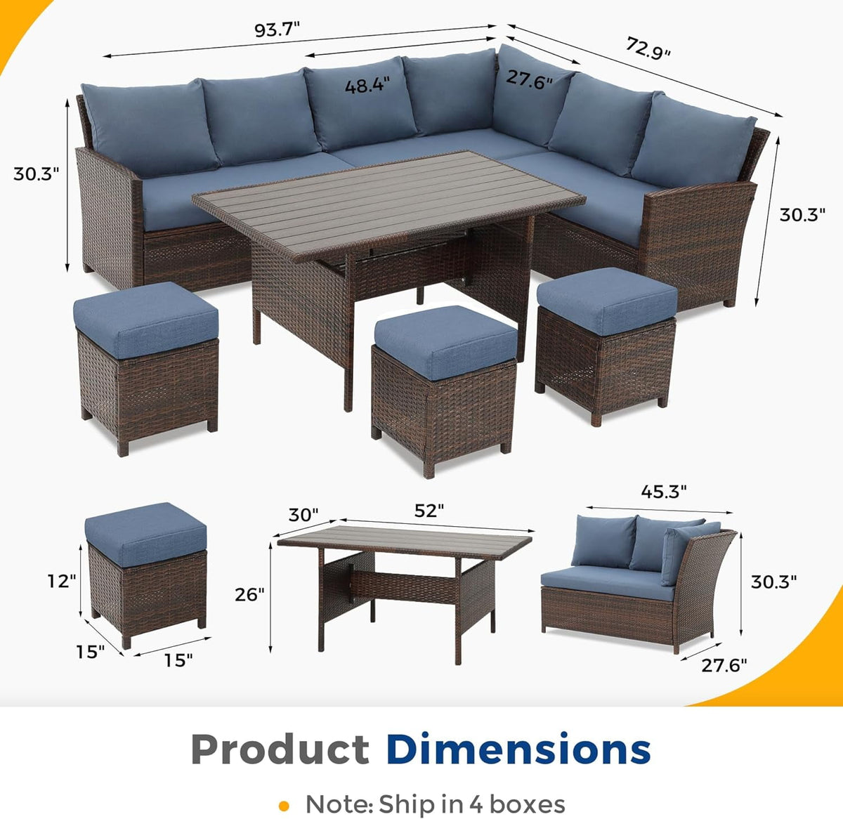 RoyalCraft Patio Furniture Set, 7 Piece High Curved Back Outdoor Dining Sectional Sofa with Dining Table and Chair, All Weather Wicker Conversation Set with Ottoman