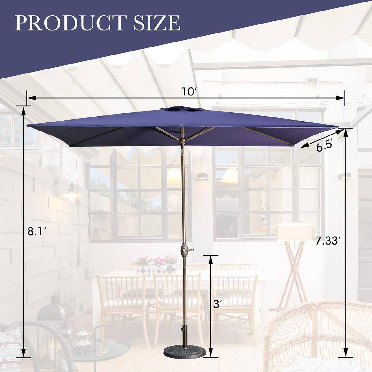 RoyalCraft 6.5 x 10 Ft Rectangular Patio Umbrella Aluminum Pole, Outdoor Table Market Umbrella with Crank, 6 Steel Ribs, Polyester Canopy, Navy Blue