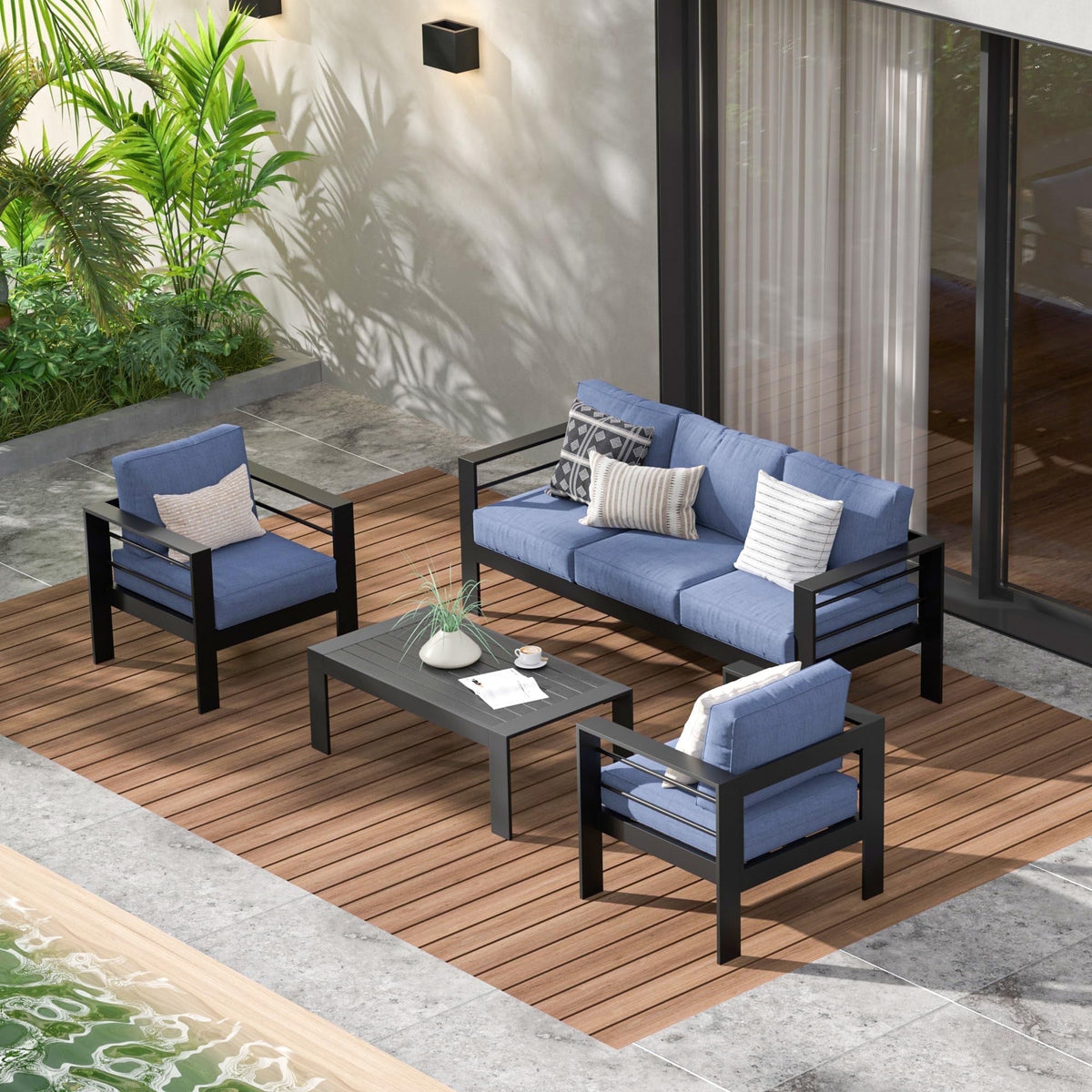RoyalCraft Aluminum Outdoor Patio Furniture Set, 4 Pcs Modern Outdoor Conversation Set Sectional Sofa with Upgrade Cushion and Coffee Table for Balcony,Blue