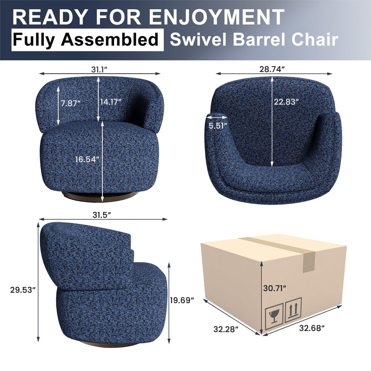 Superjoe Swivel Accent Chair, Fully Assembled Round Barrel Chairs, Oversized Upholstered Armchair with 360-Degree Base, Modern Club Chair for Living Room, Bedroom, Office, Blue