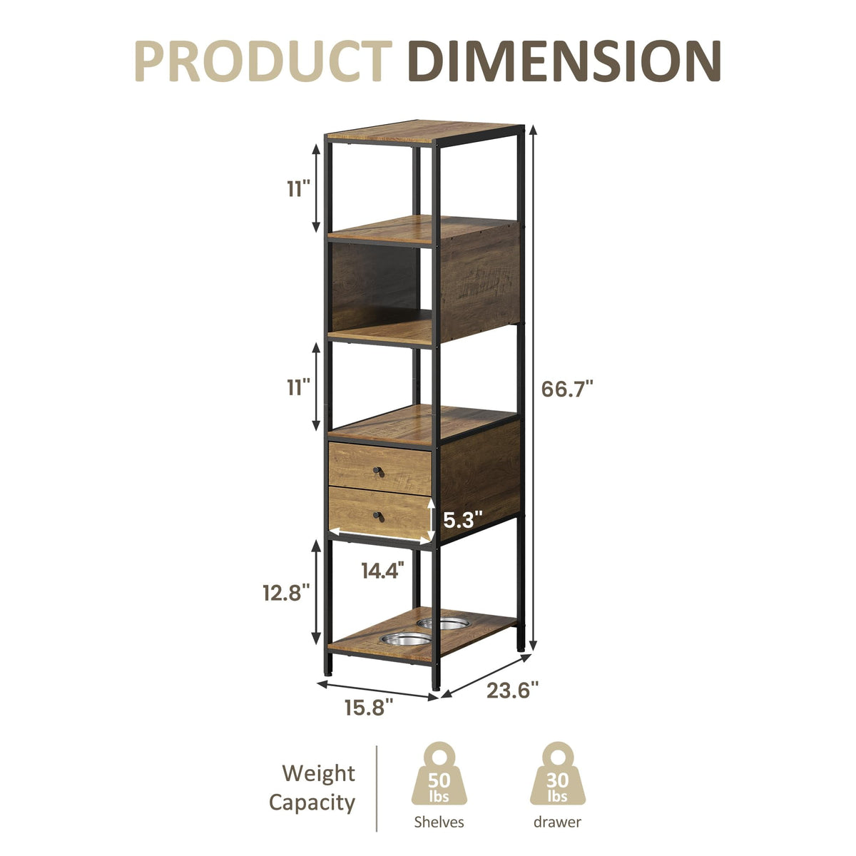 CozyHome Industrial Bookshelf, Standing Display Shelf with 2 Dog Bowls, Metal and Wood Bookshelf, Dog Feeder Station with Shelves, Brown