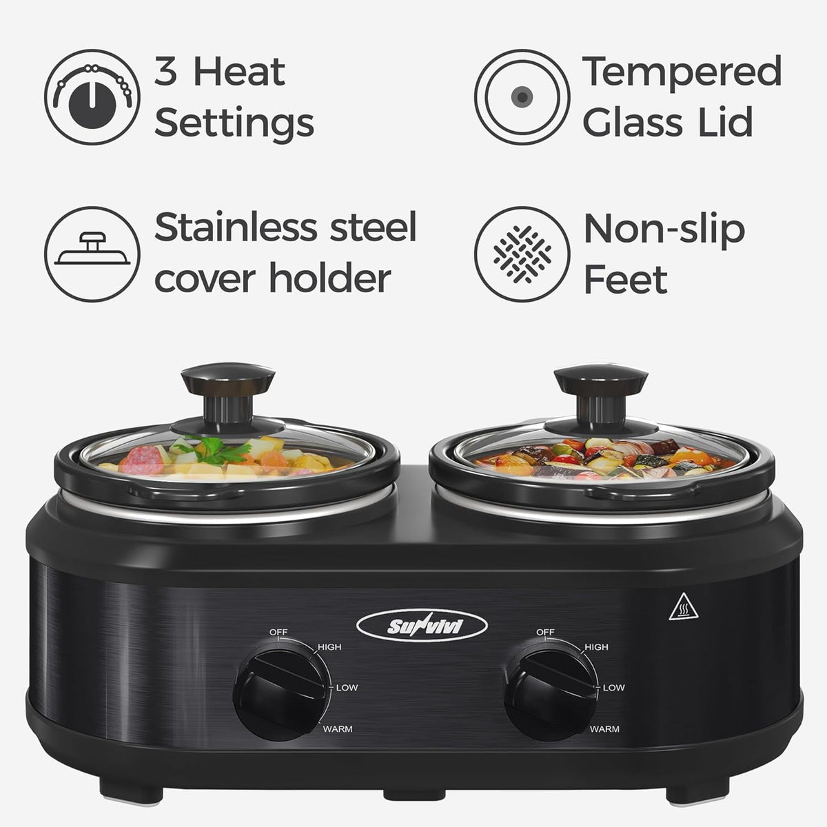 Royalcraft Double Slow Cooker,2 Pot Small Mini Crock Buffet Servers and Warmer,Dual Pot Oval Manual Slow Cooker with Adjustable Temp Removable Ceramic Pot,Stainless Steel, Total 2.5 Quarts Black