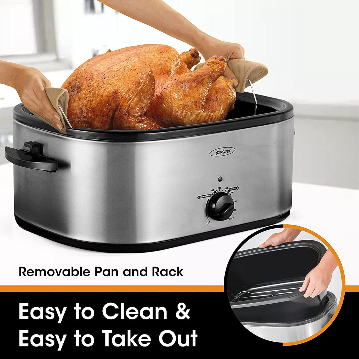 RoyalCraft 26 Quart Electric Turkey Roaster Oven with Visible & Self-Basting Lid, Stainless Steel
