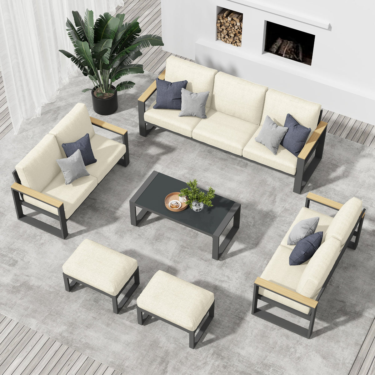 CozyHome Aluminum Outdoor Coffee Table, All-Weather Metal Rectangular Patio Side Table with Tempered Glass Top, Patio Tables for Porch Backyard Garden, Beige